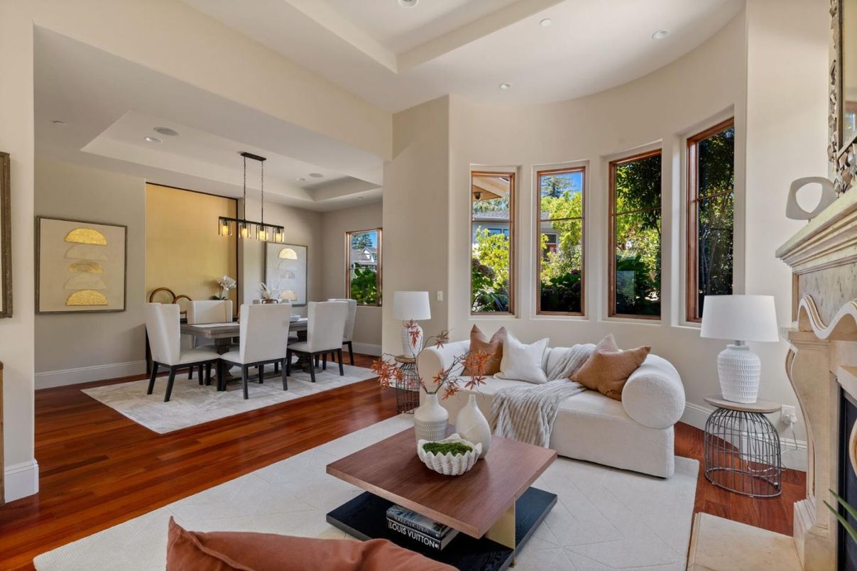 Dining room, Fireplace, Interior, Living room, Pendant Lights, Recessed Lighting, Wood Texture Flooring