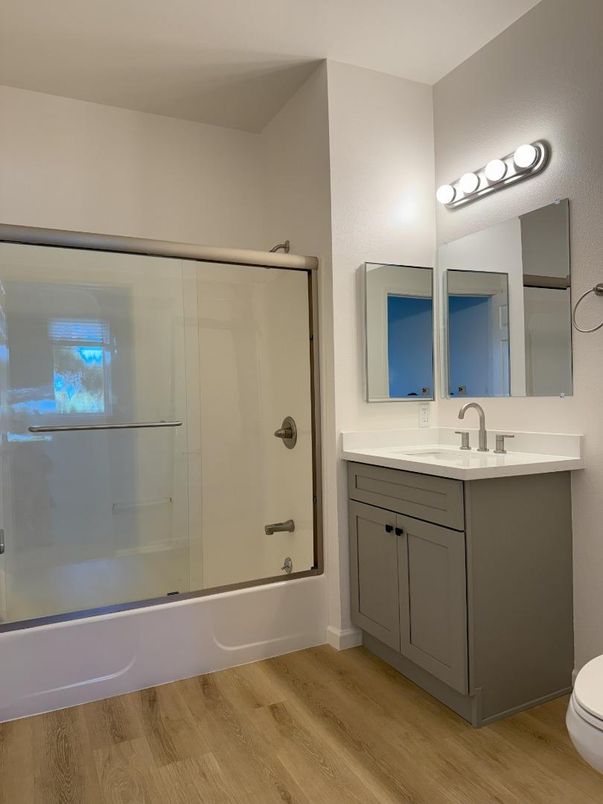 Bathroom, Glass Shower, Interior, Wood Texture Flooring