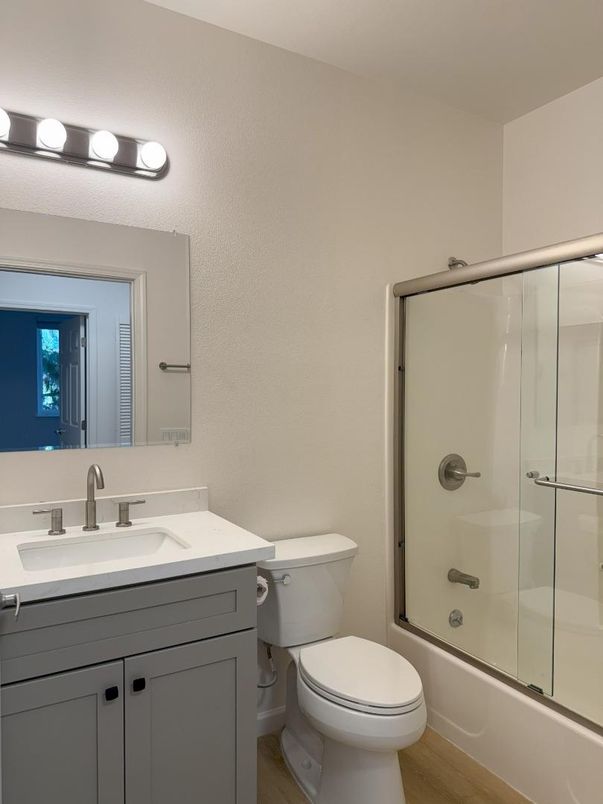 Bathroom, Glass Shower, Interior, Wood Texture Flooring