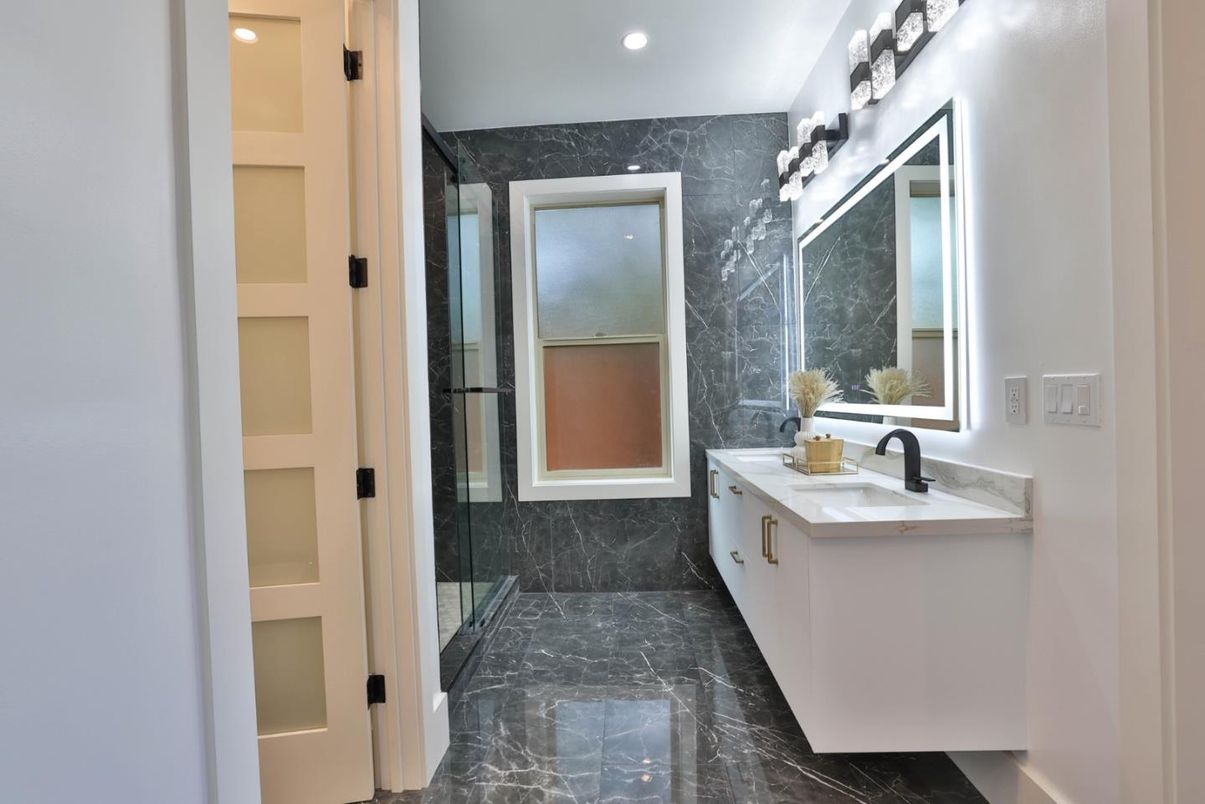 Bathroom, Glass Shower, Interior, Marble Walls, Recessed Lighting