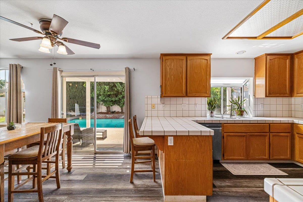 Dining room, Interior, Kitchen, Tile Countertops, Wood Texture Flooring