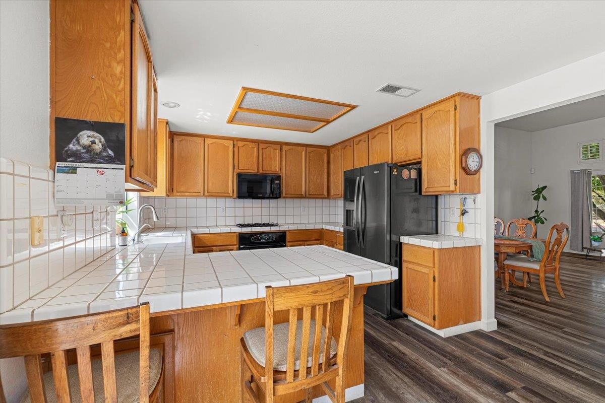 Dining room, Interior, Kitchen, Tile Countertops, Wood Texture Flooring