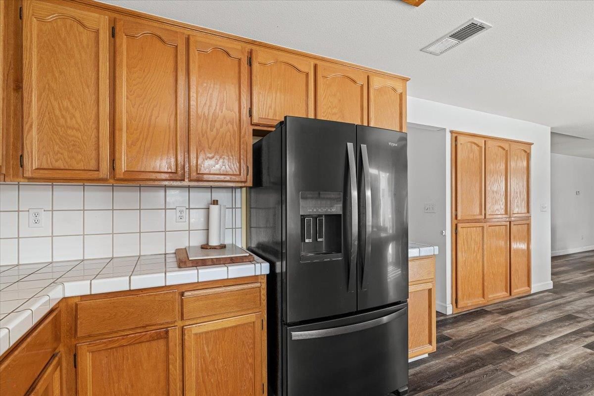 Interior, Kitchen, Tile Countertops, Wood Texture Flooring