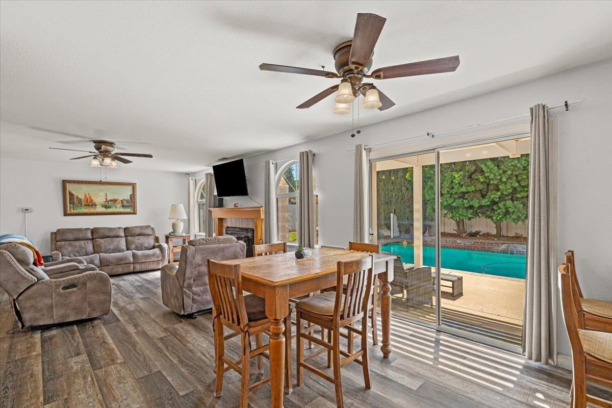 Dining room, Fireplace, Interior, Living room, Wood Texture Flooring