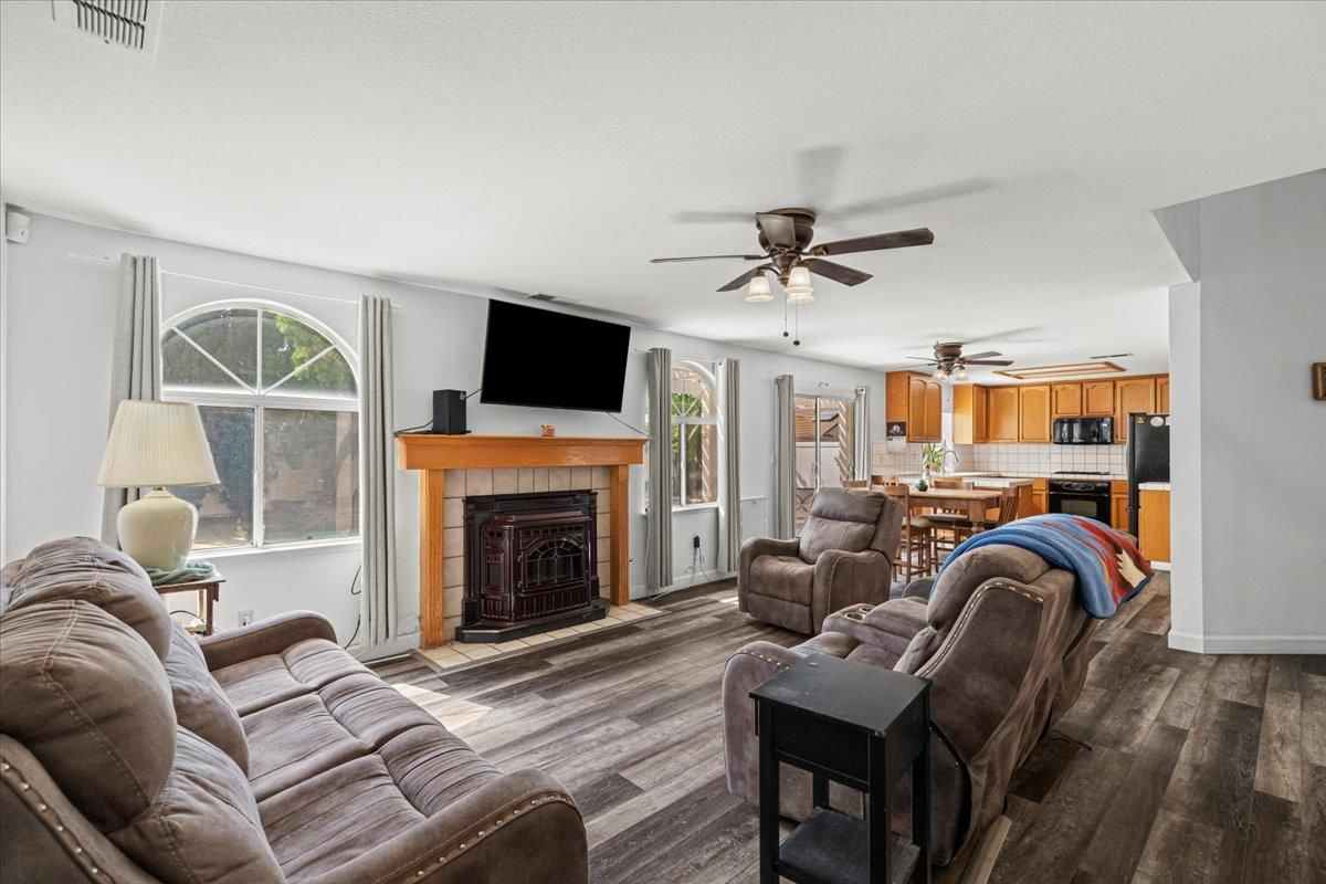 Dining room, Fireplace, Interior, Kitchen, Living room, Wood Texture Flooring