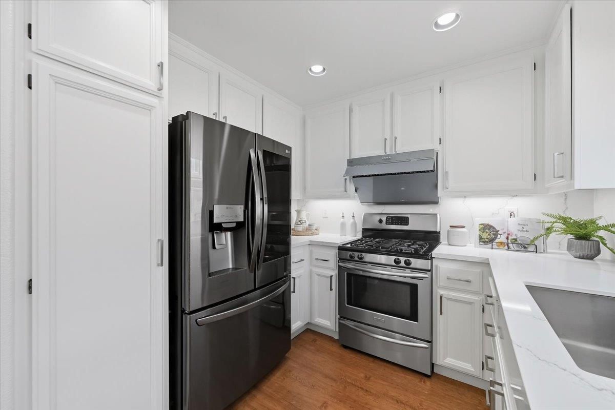 Interior, Kitchen, Recessed Lighting, Stainless Steel Appliances, Wood Texture Flooring