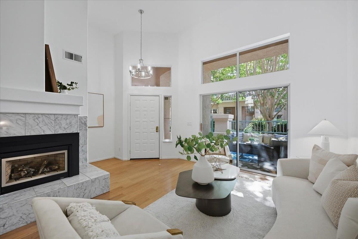 Fireplace, Interior, Living room, Pendant Lights, Wood Texture Flooring