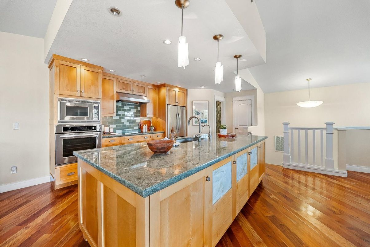 Interior, Kitchen, Pendant Lights, Recessed Lighting, Stainless Steel Appliances, Wood Texture Flooring