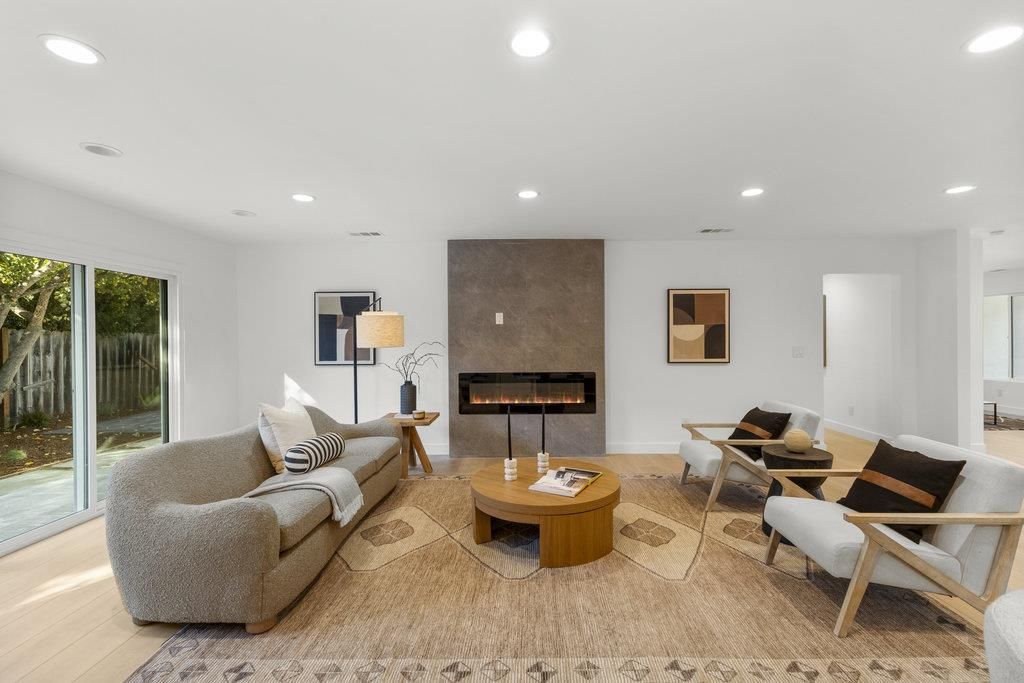 Fireplace, Interior, Living room, Recessed Lighting, Wood Texture Flooring