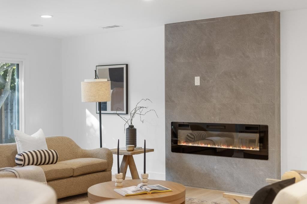 Fireplace, Interior, Living room, Recessed Lighting, Wood Texture Flooring