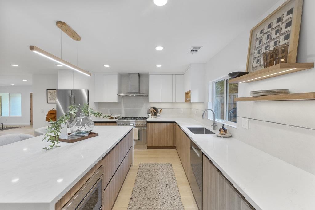 Interior, Kitchen, Pendant Lights, Recessed Lighting, Stainless Steel Appliances, Wood Texture Flooring