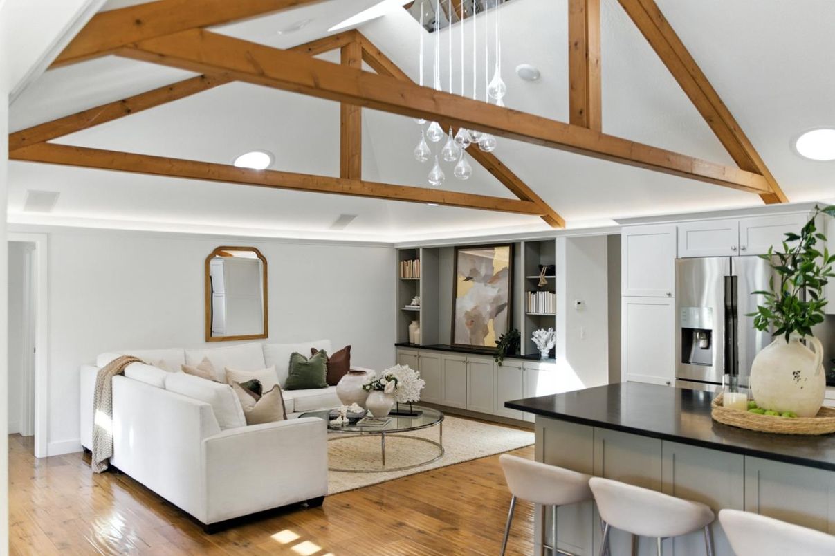 Interior, Kitchen, Living room, Stainless Steel Appliances, Wooden Beams, Wood Texture Flooring