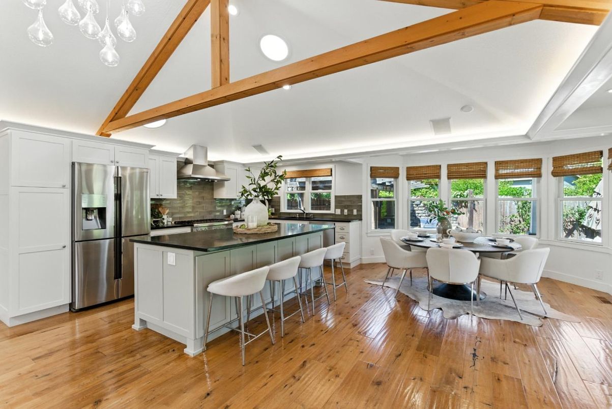 Dining room, Interior, Kitchen, Recessed Lighting, Stainless Steel Appliances, Wooden Beams, Wood Texture Flooring