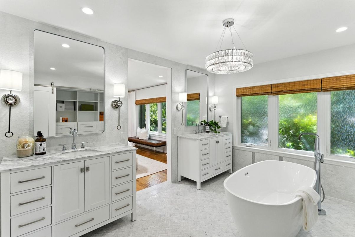 Bathroom, Dual Sink Vanities, Free Standing Baths, Interior, Marble, Pendant Lights, Recessed Lighting
