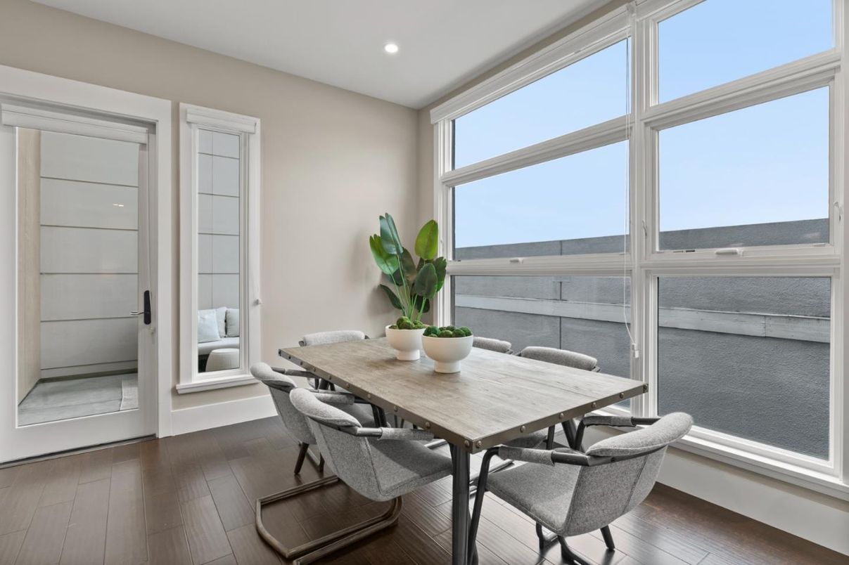 Dining room, Interior, Recessed Lighting, Wood Texture Flooring