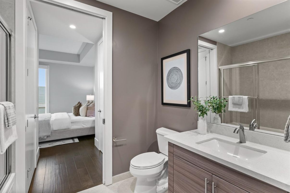 Bathroom, Bedroom, Glass Shower, Interior, Recessed Lighting, Wood Texture Flooring