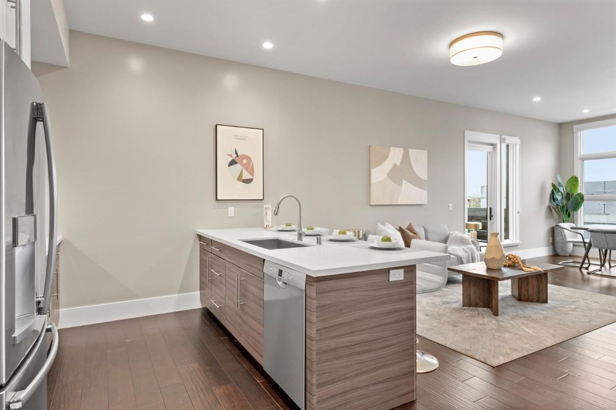 Interior, Kitchen, Living room, Recessed Lighting, Stainless Steel Appliances, Wood Texture Flooring