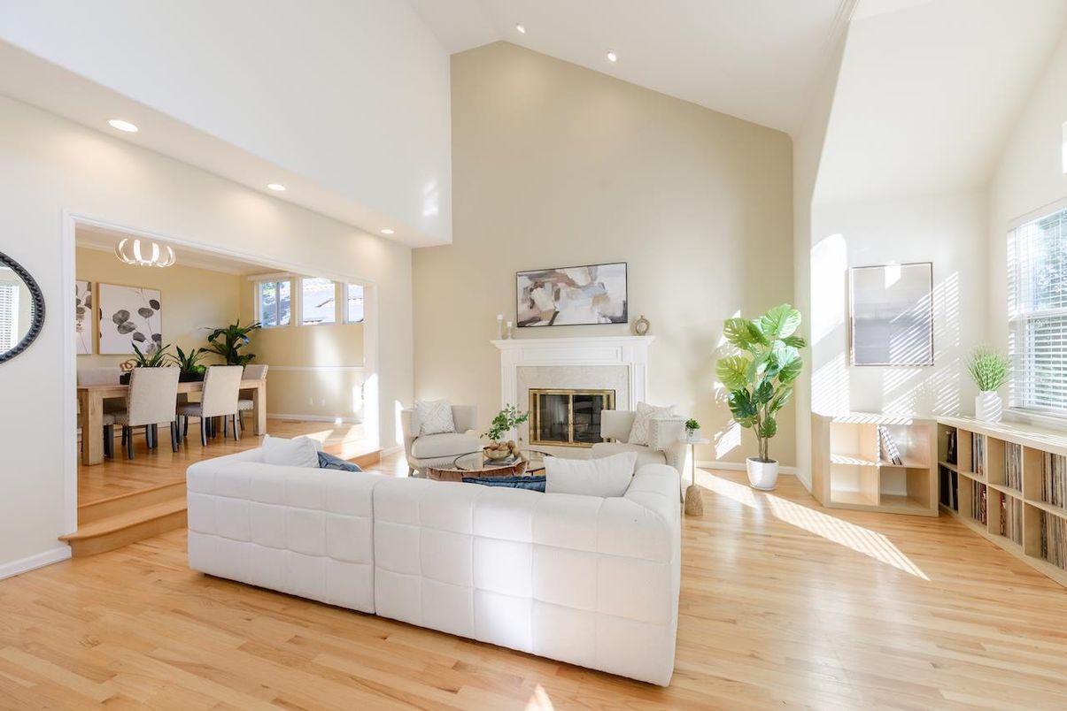 Dining room, Fireplace, Interior, Living room, Recessed Lighting, Wood Texture Flooring