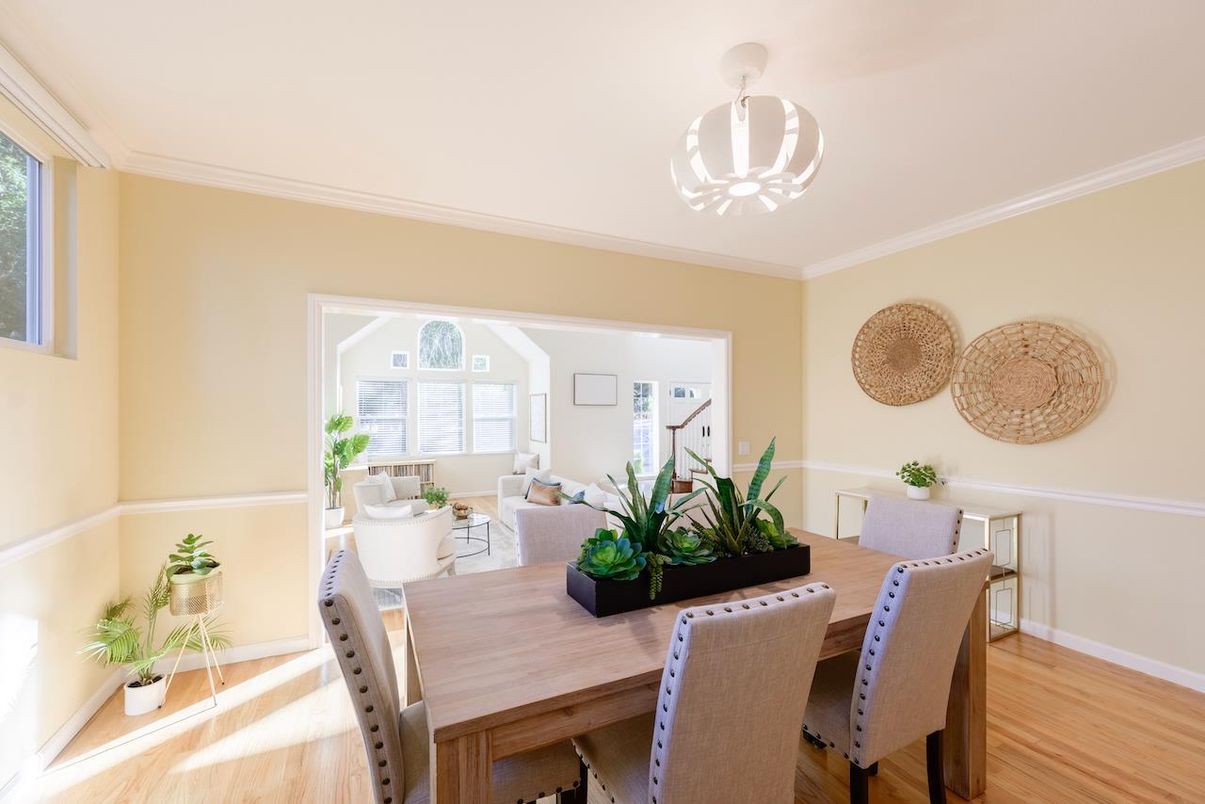 Dining room, Interior, Pendant Lights, Wood Texture Flooring
