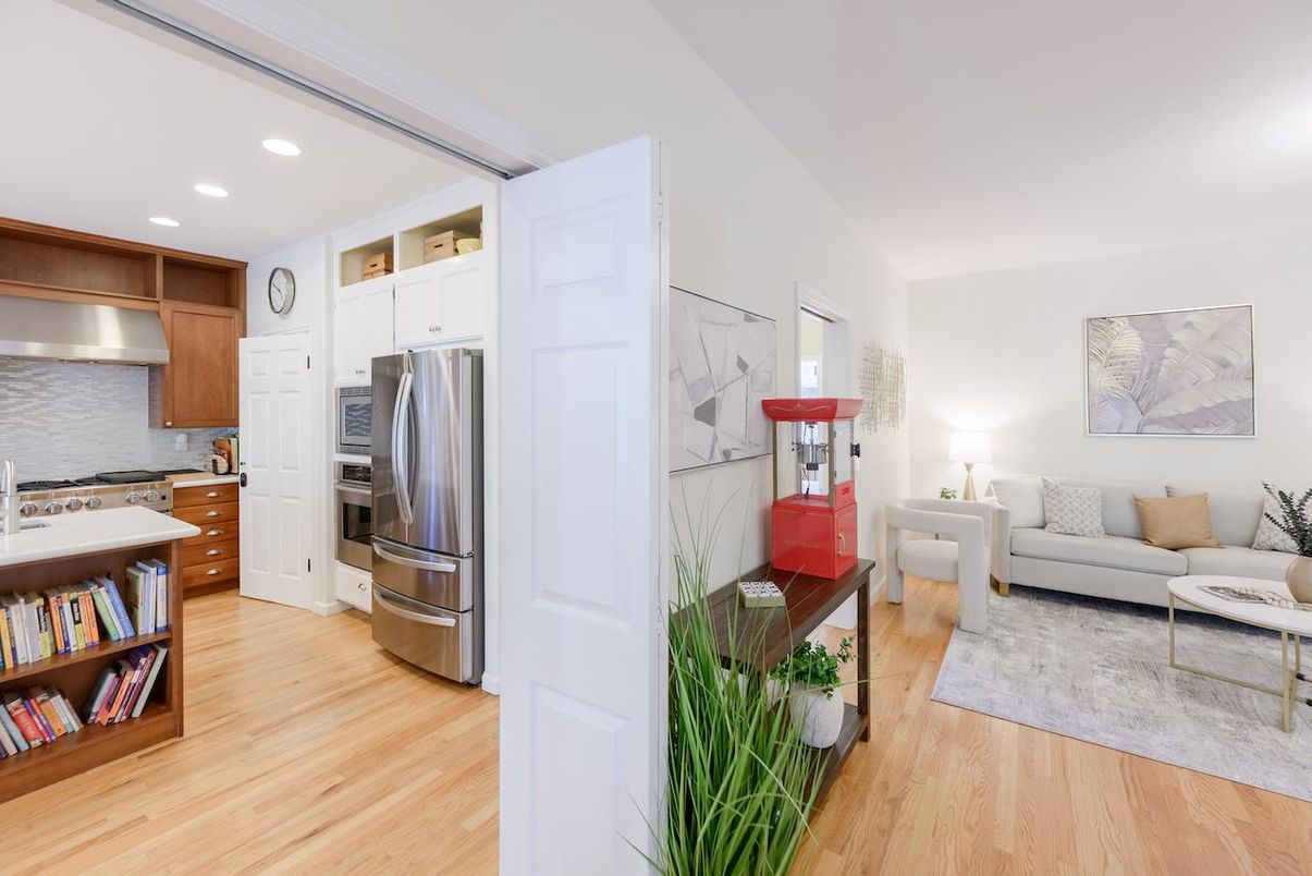 Interior, Kitchen, Living room, Recessed Lighting, Stainless Steel Appliances, Wood Texture Flooring