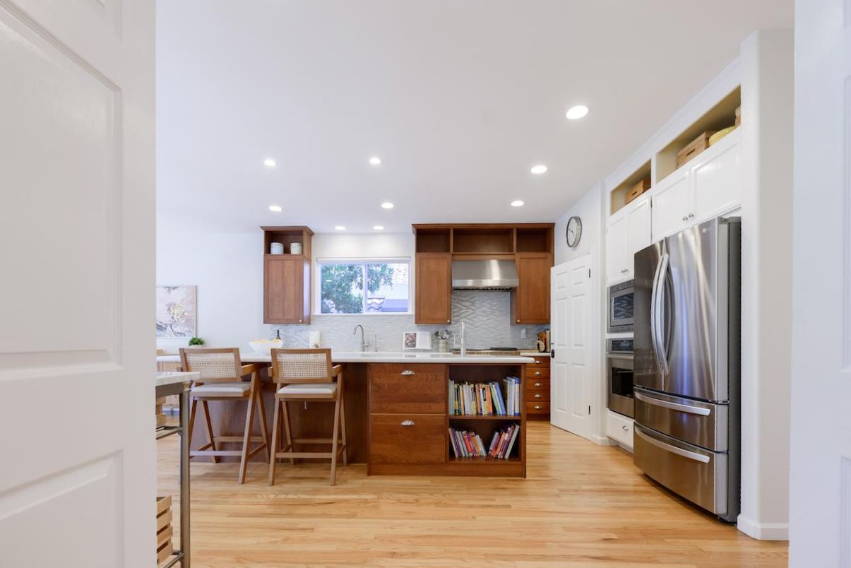Interior, Kitchen, Recessed Lighting, Stainless Steel Appliances, Wood Texture Flooring