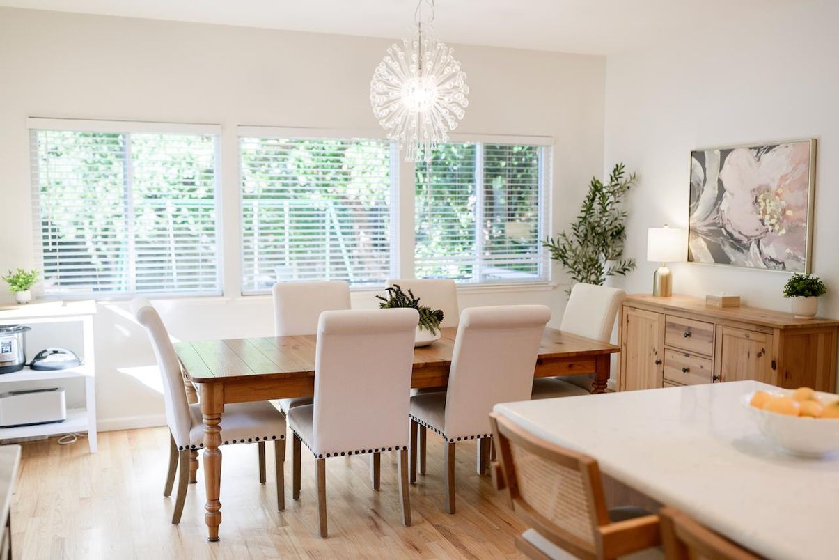 Dining room, Interior, Pendant Lights, Wood Texture Flooring
