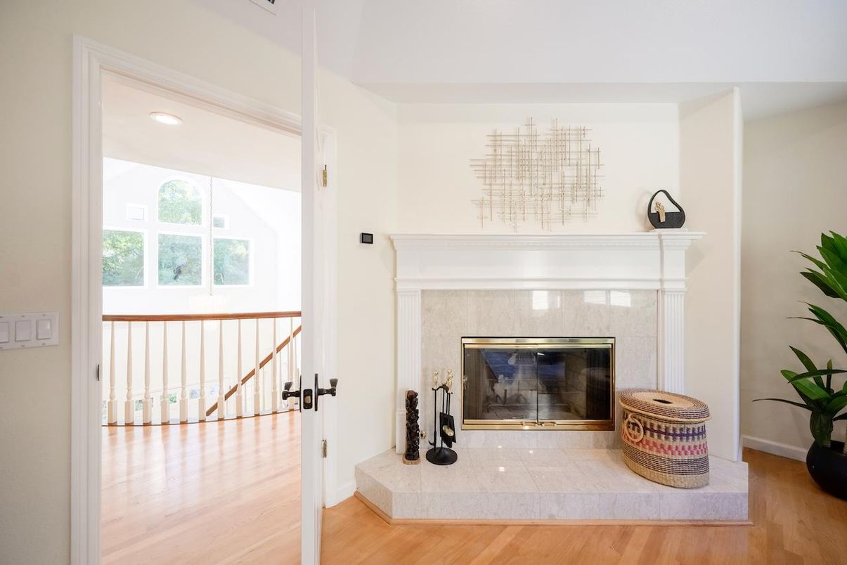 Fireplace, Interior, Recessed Lighting, Wood Texture Flooring