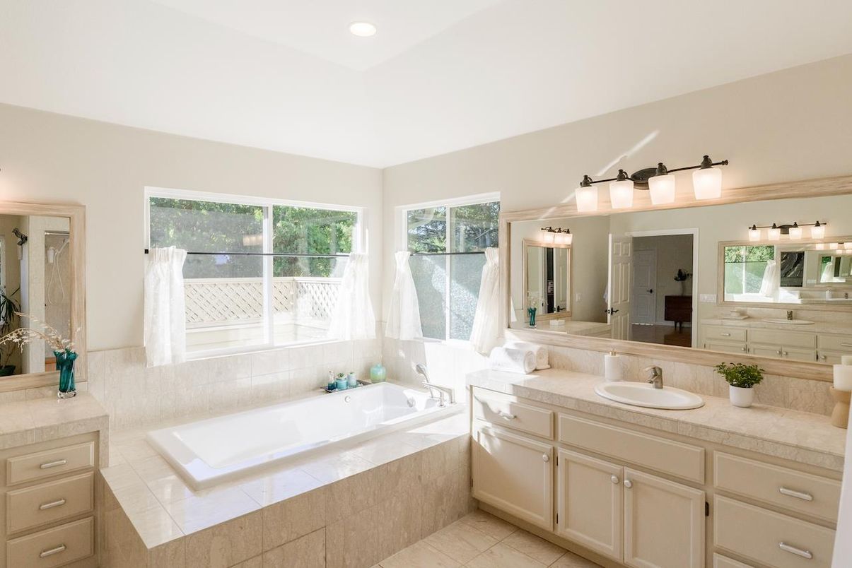 Bathroom, Dual Sink Vanities, Interior, Recessed Lighting, Tile Countertops