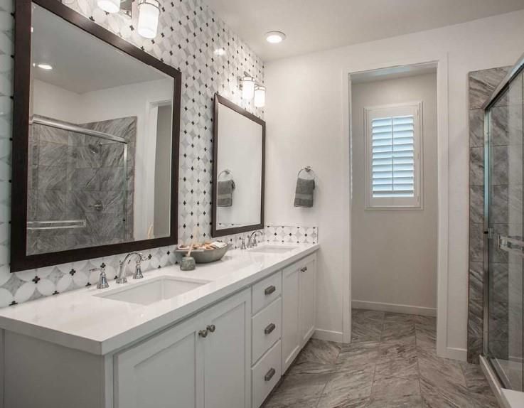 Bathroom, Dual Sink Vanities, Glass Shower, Interior, Marble, Marble Walls, Recessed Lighting
