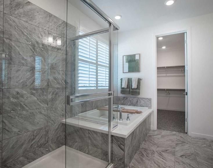 Bathroom, Glass Shower, Interior, Marble, Marble Walls, Recessed Lighting, Walk-in Closets
