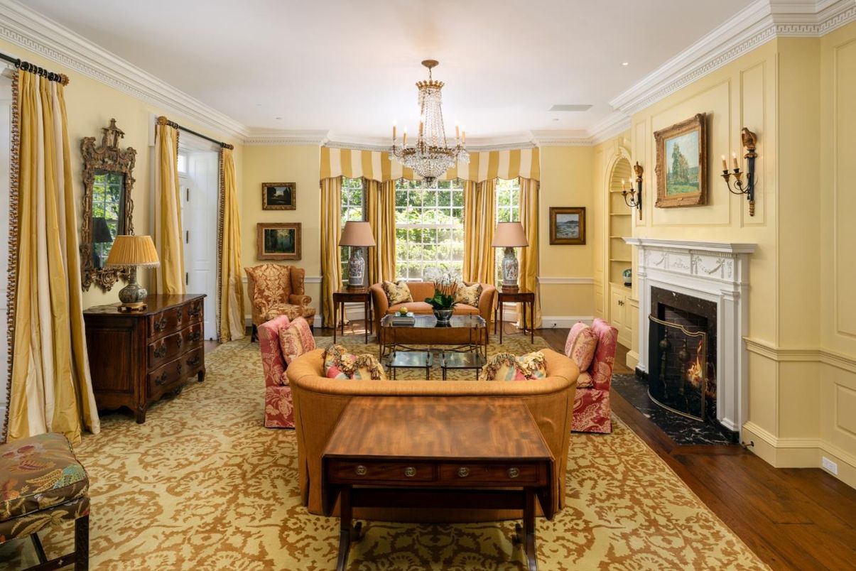 Chandelier, Fireplace, Interior, Living room, Recessed Lighting, Wood Texture Flooring