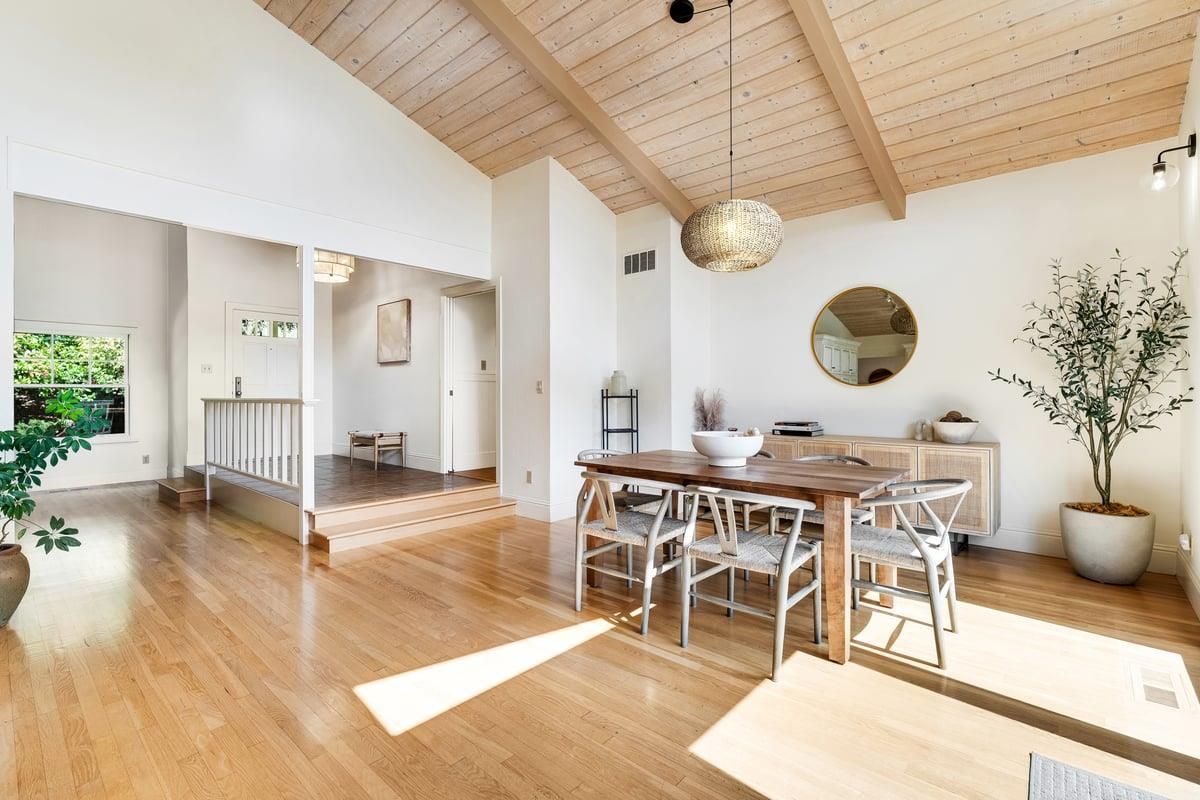 Dining room, Interior, Pendant Lights, Wooden Ceilings, Wood Texture Flooring