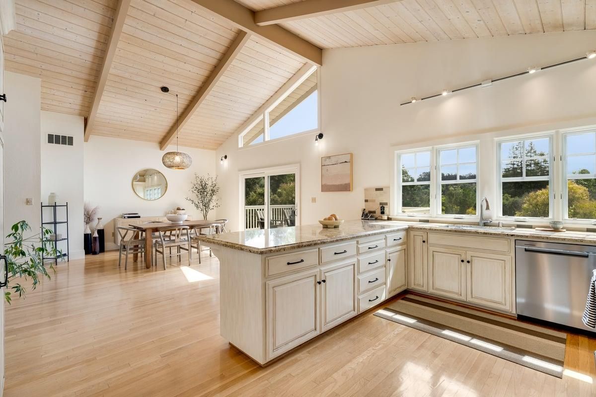 Dining room, Interior, Kitchen, Pendant Lights, Wooden Ceilings, Wood Texture Flooring