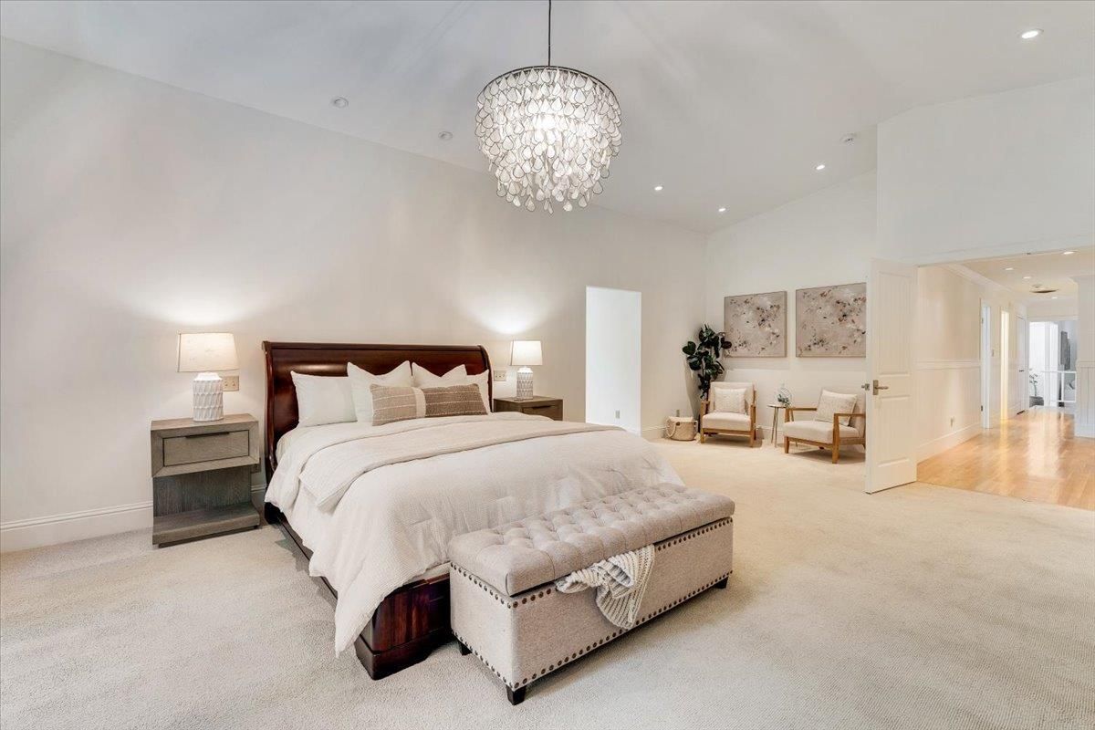 Bedroom, Chandelier, Interior, Recessed Lighting, Wood Texture Flooring