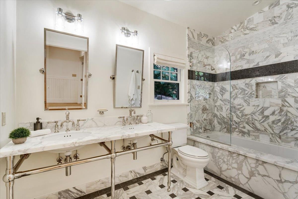 Bathroom, Dual Sink Vanities, Glass Shower, Interior, Marble, Marble Walls