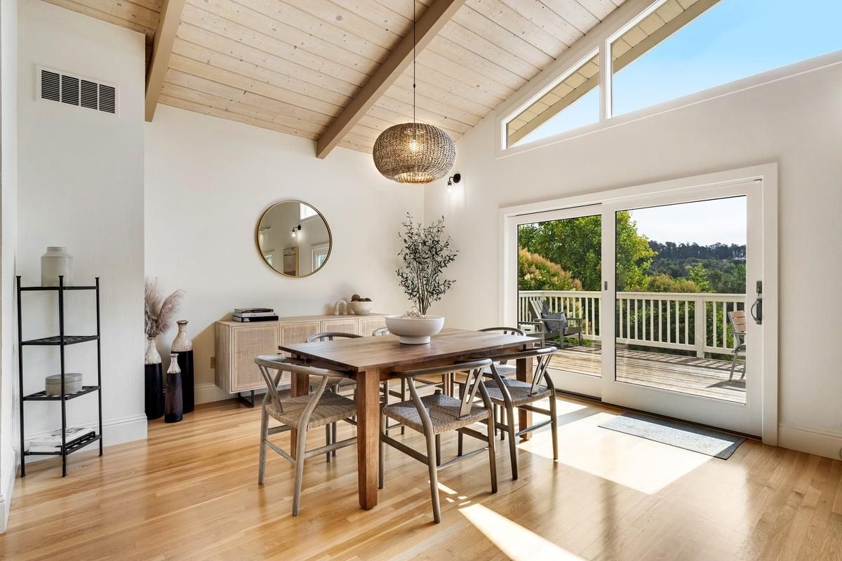 Dining room, Interior, Pendant Lights, Wooden Beams, Wooden Ceilings, Wood Texture Flooring