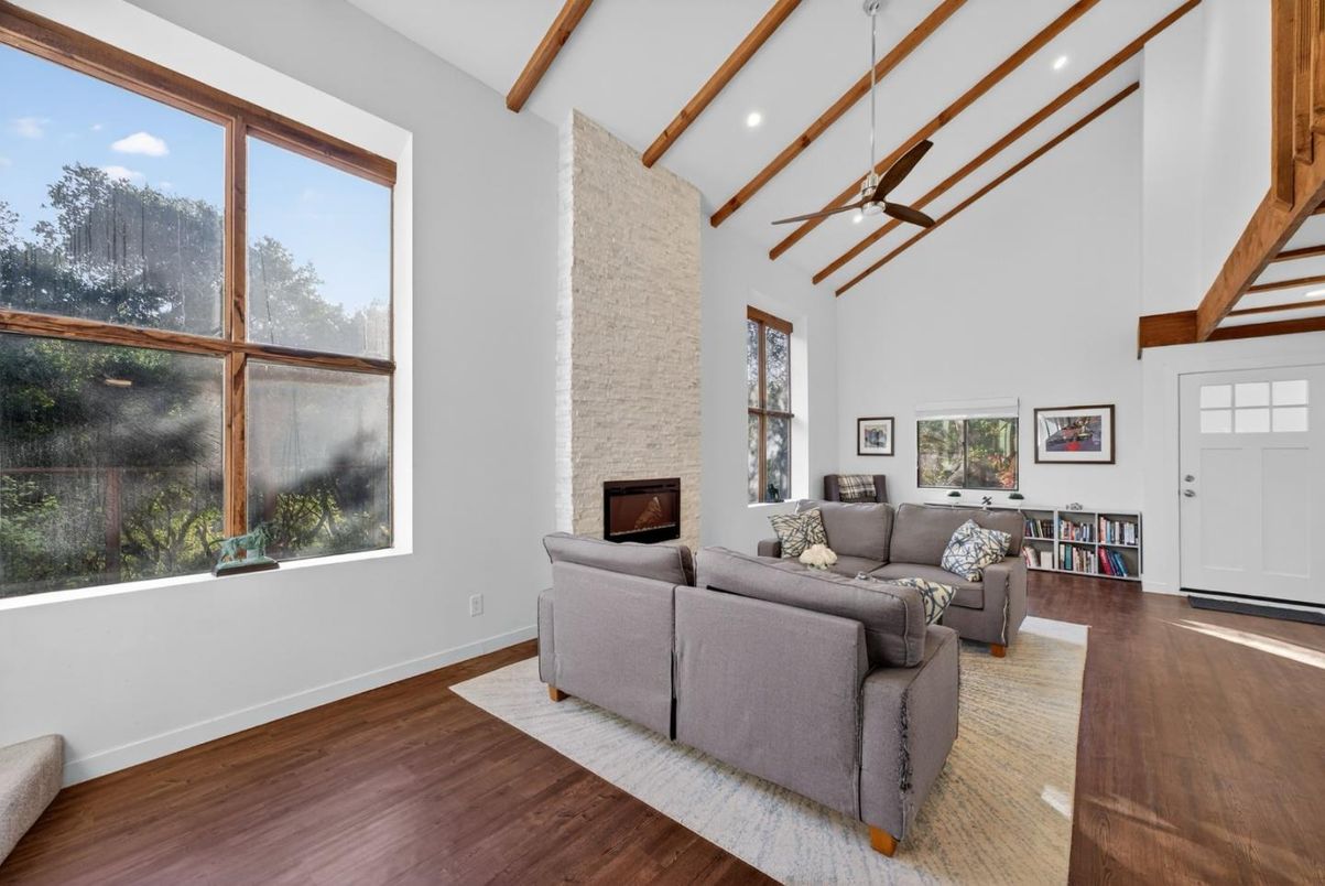 Fireplace, Interior, Living room, Recessed Lighting, Stone Walls, Wooden Beams, Wood Texture Flooring