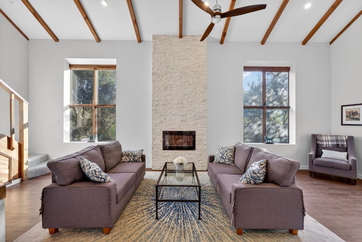 Fireplace, Interior, Living room, Recessed Lighting, Stone Walls, Wooden Beams, Wood Texture Flooring
