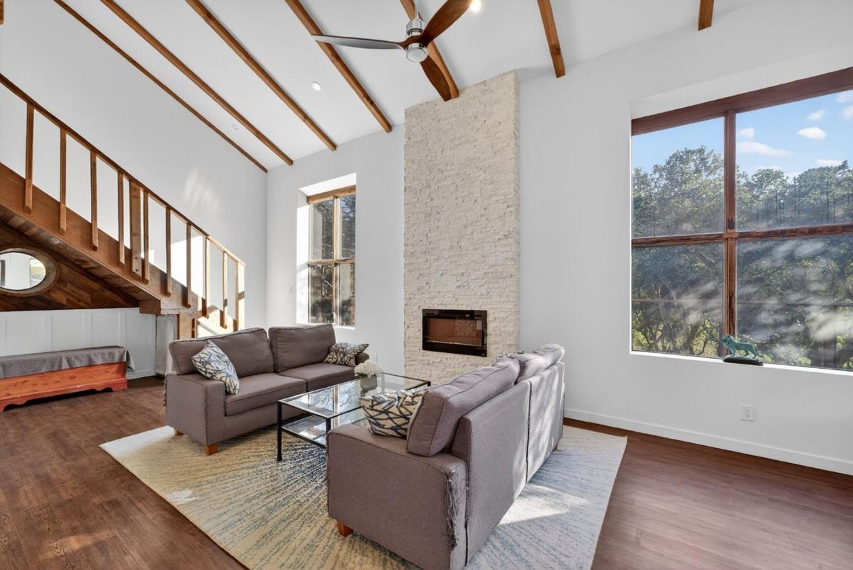 Fireplace, Interior, Living room, Recessed Lighting, Stone Walls, Wooden Beams, Wood Texture Flooring