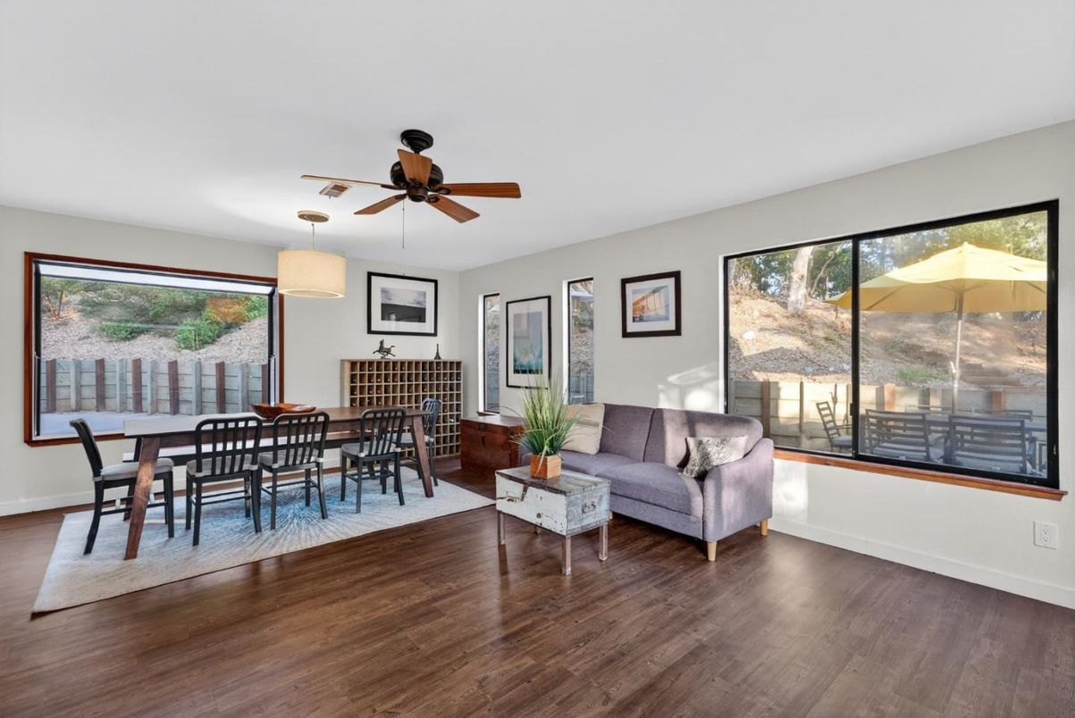 Dining room, Interior, Living room, Pendant Lights, Wood Texture Flooring