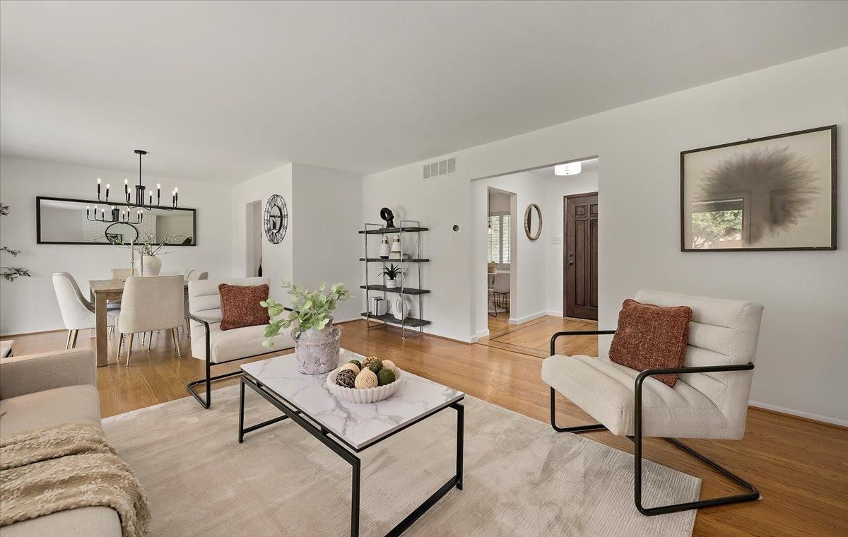 Dining room, Interior, Living room, Pendant Lights, Wood Texture Flooring