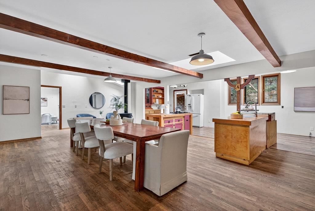 Dining room, Interior, Kitchen, Pendant Lights, Wooden Beams, Wood Texture Flooring