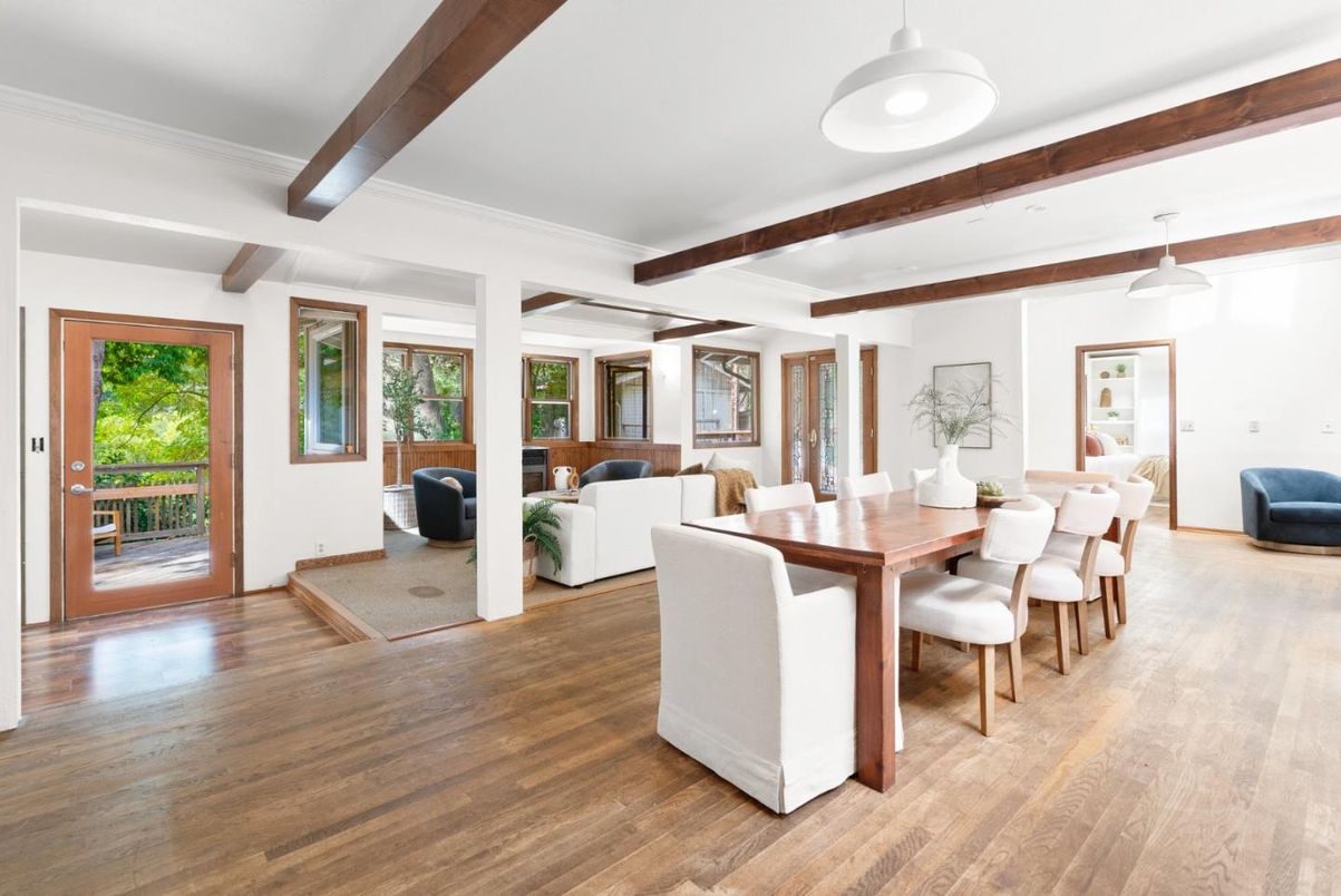 Dining room, Interior, Living room, Pendant Lights, Wooden Beams, Wood Texture Flooring