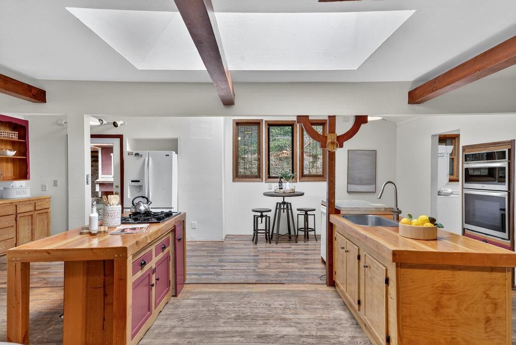 Interior, Kitchen, Stainless Steel Appliances, Wooden Beams, Wood Texture Flooring