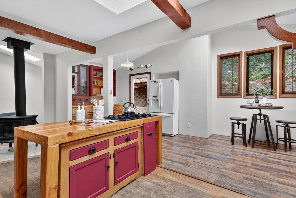 Interior, Kitchen, Pendant Lights, Wooden Beams, Wood Texture Flooring