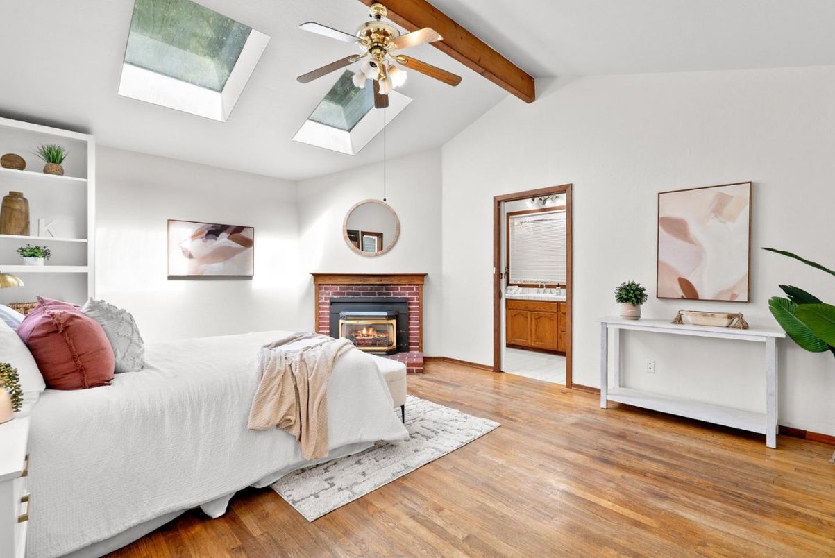 Bedroom, Fireplace, Interior, Wooden Beams, Wood Texture Flooring