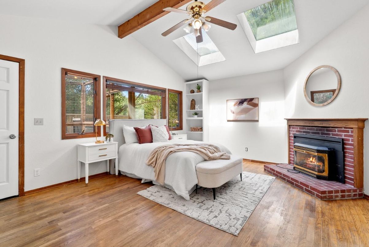 Bedroom, Fireplace, Interior, Wooden Beams, Wood Texture Flooring