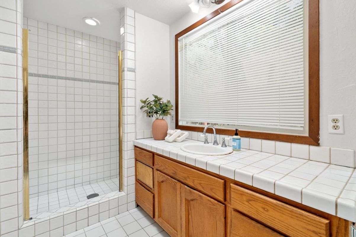 Bathroom, Glass Shower, Interior, Recessed Lighting, Tile Countertops