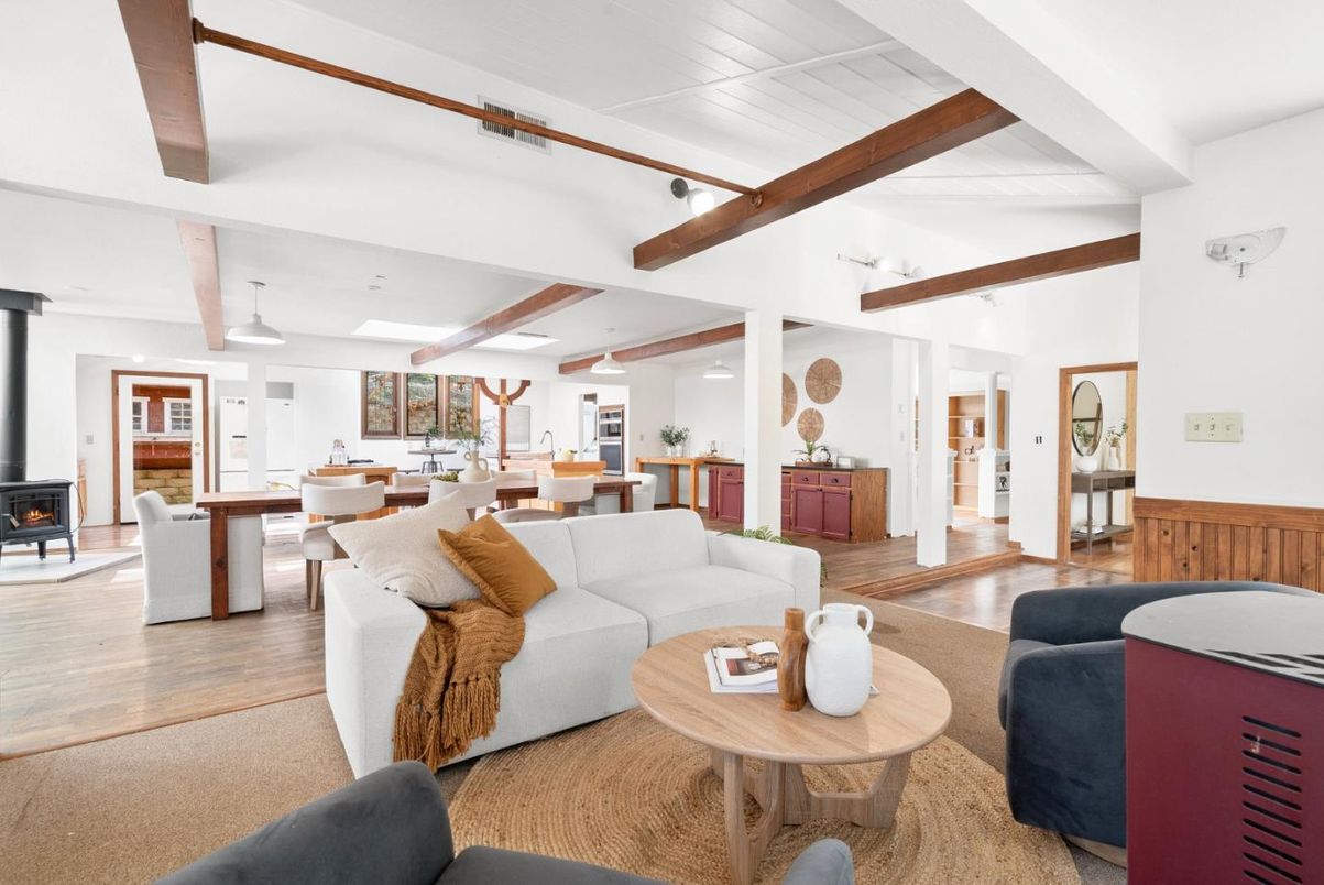 Dining room, Fireplace, Interior, Living room, Recessed Lighting, Wooden Beams, Wood Texture Flooring