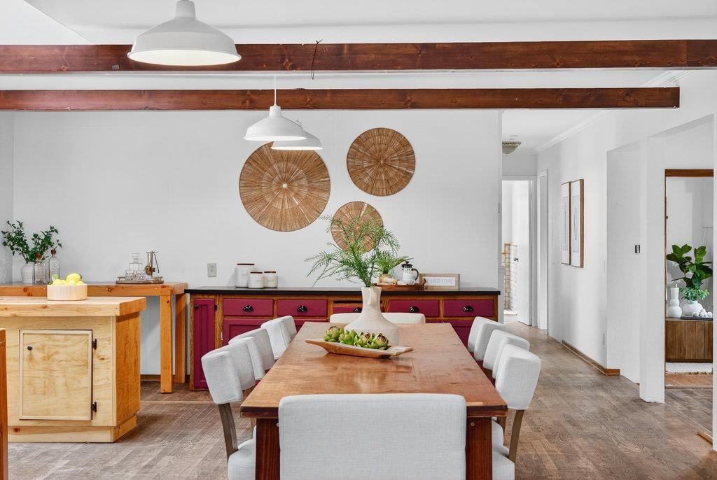 Dining room, Interior, Pendant Lights, Wood Texture Flooring